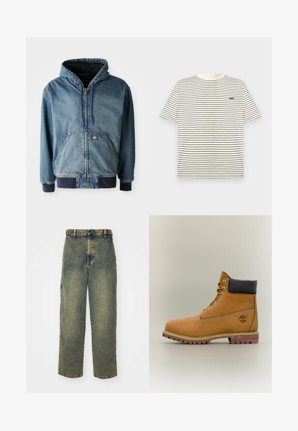 Denimjakke med hætte, med lynlås foran, to store forlommer og ribbede manchetter. Lys blå farve med mørk marineblå detaljer.; Hvid T-shirt med korte ærmer med tynde sorte vandrette striber og lille sort "OBEY" tekst på venstre bryst.; Slidse denim jeans i en falmet blå og grøn vask. Har en knaplukning, bælteløkker og sidelommer. Flad front og lige ben-design.; Brun læderankelstøvle med sort krave, gule snørebånd og tanfarvet sål. Har logo og hvide syninger som detalje. Robust ydersål med greb.