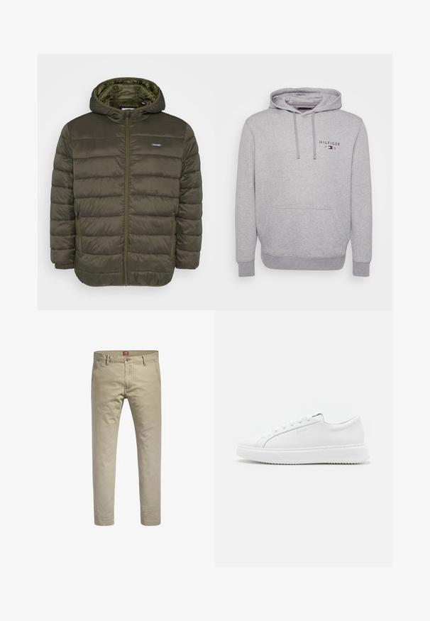Olijfgroene doorgestikte donsjas met capuchon, ritssluiting aan de voorkant, elastische manchetten en met rits afgesloten zijzakken.; Lichtgrijze hoodie met een voorzak, een capuchon met trekkoord en een gemarkeerd logo met "HILFIGER 1985." Gemaakt van een zachte katoenmix.; Beige chino's met een recht gesneden ontwerp, gemaakt van katoen. Voorzien van een knoopsluiting en twee zijzakken, met een subtiele textuur.; Witte sneakers van glad synthetisch materiaal. Voorzien van een low-top ontwerp, verhoogde witte zool, ronde neus en vetersluiting met vijf oogjes.