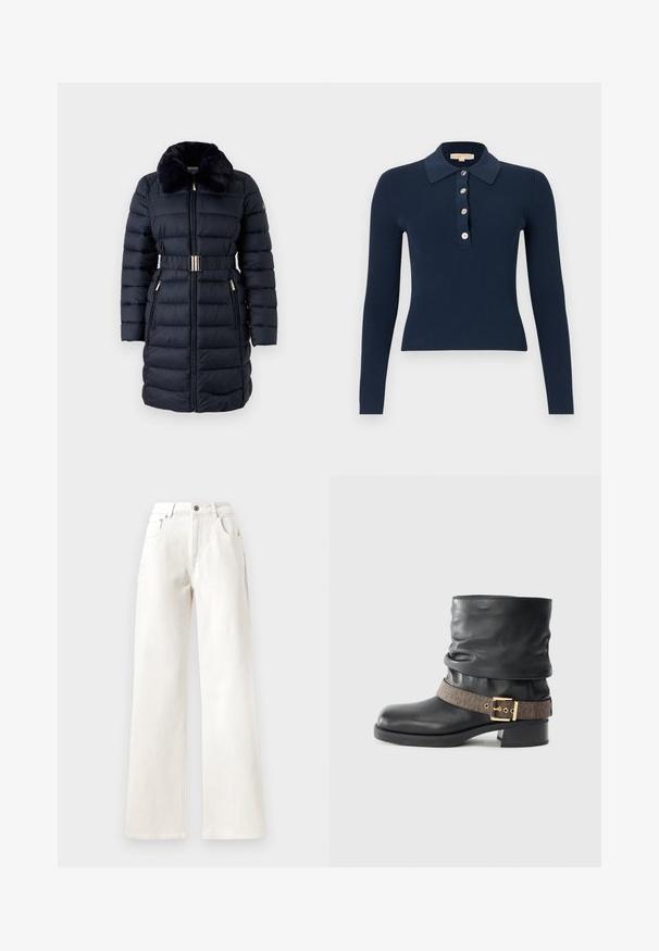 Manteau rembourré bleu marine avec un col en fausse fourrure, taille ceinturée et accents dorés. Comprend des poches zippées et une texture à côtes verticales.; Polo bleu marine à manches longues côtelées avec quatre boutons sur le devant et un col classique, coupe slim.; Pantalons en denim blancs à jambes larges, dotés d'une fermeture à bouton, de passants de ceinture et d'un design à cinq poches. Texture lisse avec des coutures visibles.; Bottine en cuir noir avec un design décontracté, ornée d'une sangle marron à motif et d'une boucle dorée. Talon épais noir.