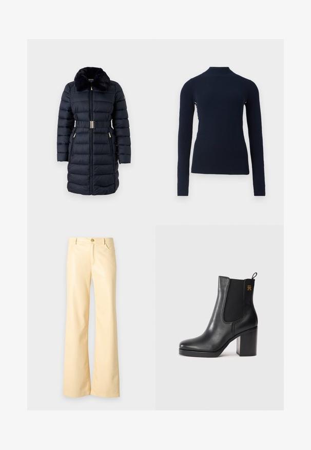 Manteau rembourré bleu marine avec un col en fausse fourrure, taille ceinturée et accents dorés. Comprend des poches zippées et une texture à côtes verticales.; Pull-over en maille côtelée bleu marine à manches longues avec un col montant et une silhouette ajustée, présenté sur un fond blanc uni.; Pantalons évasés en jaune pâle, en matériau lisse et brillant. Comprend un bouton avant, deux poches latérales et une coupe droite.; Bottines en cuir noir avec talon bloc, panneau élastique sur les côtés, languette d'enfilage et petit logo doré sur le dessus.