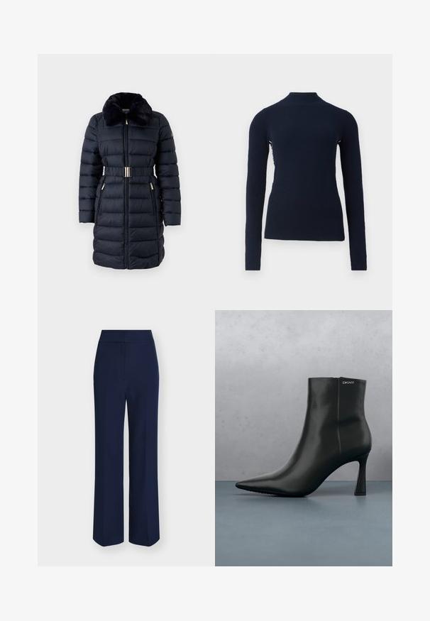 Manteau rembourré bleu marine avec un col en fausse fourrure, taille ceinturée et accents dorés. Comprend des poches zippées et une texture à côtes verticales.; Pull-over en maille côtelée bleu marine à manches longues avec un col montant et une silhouette ajustée, présenté sur un fond blanc uni.; Pantalon large taille haute bleu marine avec fermeture avant dissimulée et coupe ajustée.; Bottine en cuir noir avec un bout pointu et un talon géométrique. Présente un branding subtil et une texture lisse. L'arrière-plan est constitué de carreaux texturés.