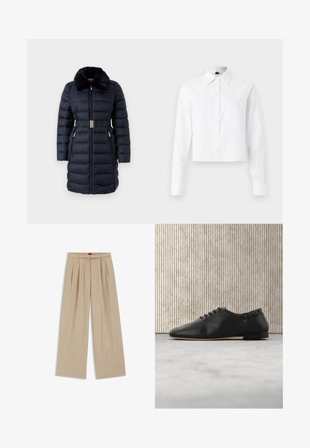 Manteau rembourré bleu marine avec un col en fausse fourrure, taille ceinturée et accents dorés. Comprend des poches zippées et une texture à côtes verticales.; Chemise courte blanche à boutons avec des rayures verticales bleu clair, manches longues, poche poitrine unique et col classique. Tissu en mélange de coton.; Pantalon beige à jambes larges avec des plis, une ceinture à boucle double anneau et un accessoire à chaîne fine en or sur la taille, posé à plat.; Chaussure plate en cuir noir à lacets, bout arrondi et petit talon, vue de profil droit sur un fond clair.