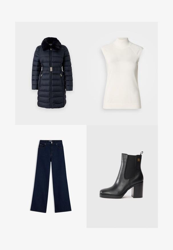 Manteau rembourré bleu marine avec un col en fausse fourrure, taille ceinturée et accents dorés. Comprend des poches zippées et une texture à côtes verticales.; Haut sans manches à col roulé blanc en matière douce ; présente une coupe ajustée avec un col montant et une texture subtilement côtelée à l'ourlet.; Jean en denim bleu foncé à jambes larges avec poches avant, passants pour ceinture et fermeture par bouton à la taille sur fond blanc.; Bottines en cuir noir avec talon bloc, panneau élastique sur les côtés, languette d'enfilage et petit logo doré sur le dessus.