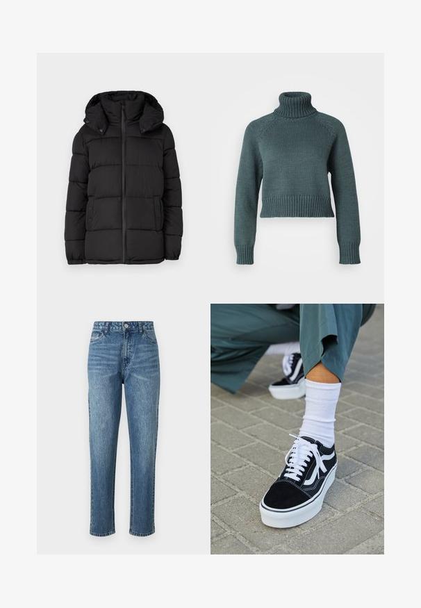 Schwarze Pufferjacke mit Kapuze, ausgestattet mit horizontal gesteppten Paneelen, einem Frontreißverschluss und Druckknopfdetails an den Seiten.; Vero Moda Petite VMMIRANDA - Strickpullover - balsam green; Blaue Denim-Jeans mit geradem Bein, fünf Taschen und einer vorderen Knopfverschluss. Helle Waschung mit subtilen Auswaschungen und einer strukturierten Oberfläche.; Schwarze Wildledersneaker mit weißen Akzenten und Schnürsenkeln, ausgestattet mit einer dicken weißen Sohle und kontrastierenden Nähten, kombiniert mit einer weißen Socke.