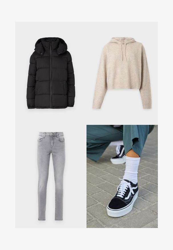 Schwarze Pufferjacke mit Kapuze, ausgestattet mit horizontal gesteppten Paneelen, einem Frontreißverschluss und Druckknopfdetails an den Seiten.; Beiger gestrickter Cropped-Hoodie mit langen Ärmeln und Kordeln, dargestellt vor einem schlichten hellen Hintergrund.; Schlanke Jeans aus hellgrauem Denim mit klassischem Fünf-Taschen-Design, Knopfverschluss und subtilen Abnutzungsdetails.; Schwarze Wildledersneaker mit weißen Akzenten und Schnürsenkeln, ausgestattet mit einer dicken weißen Sohle und kontrastierenden Nähten, kombiniert mit einer weißen Socke.