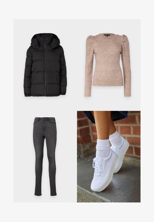 Sort oppustelig jakke med hætte, der har horisontale quiltede paneler, en frontlynlås og trykknapdetaljer på siderne.; Vero Moda VMKIM UNECK - Striktrøje - beige; Slim fit jeans lavet af mørkegrå denim, med høj talje, bælteløkker og en enkelt knaplukning. Ingen synlige slid eller mønstre.; Hvide lærreds sneakers med gummisåler, der har seks snørehuller, rund tå og let sømdetaljer, krydret med hvide ankelstrømper.