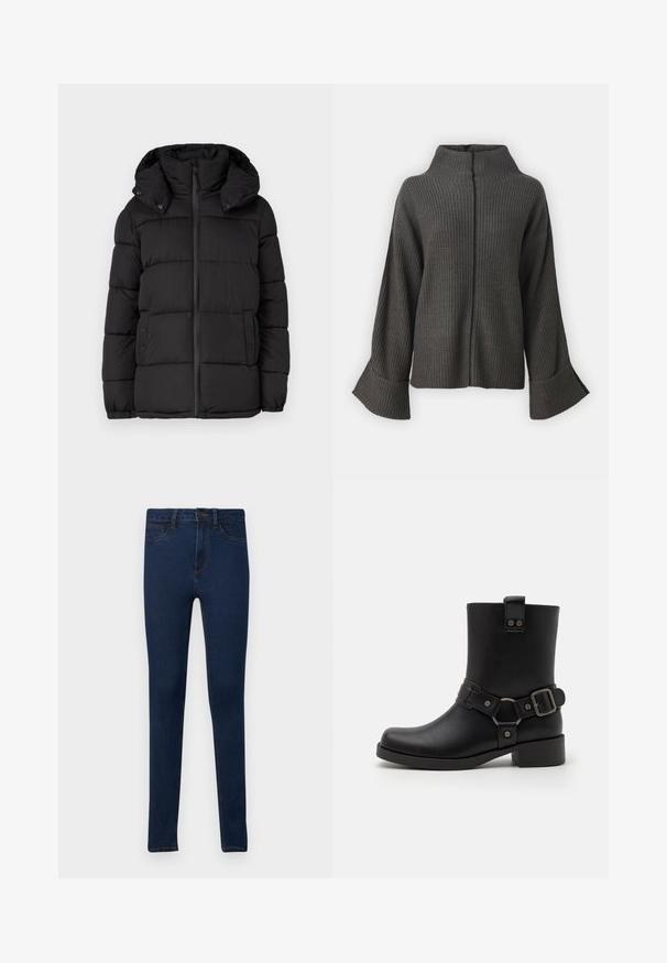 Schwarze Pufferjacke mit Kapuze, ausgestattet mit horizontal gesteppten Paneelen, einem Frontreißverschluss und Druckknopfdetails an den Seiten.; VILA VIVIGGA CONTRAST - Strickpullover - dark grey/black; Schmale Jeans aus dunkelblauem Denim mit glatter Textur, ausgestattet mit einem klassischen Fünf-Taschen-Design und kontrastreichen goldenen Nähten.; Schwarze Leder-Stiefelette mit eckiger Zehenpartie, abgerundetem Absatz, dekorativem Riemen und Schnallen-Detail sowie metallischen Akzenten. Glatte Textur.