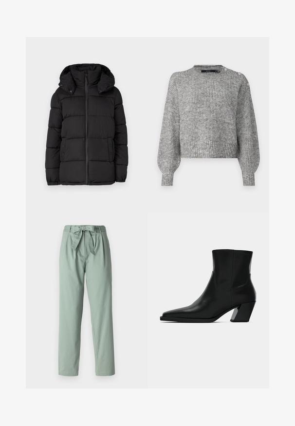 Zwarte pufferjas met capuchon, voorzien van horizontaal doorgestikte panelen, een rits aan de voorkant en drukknopaccenten aan de zijkanten.; Vero Moda VMMEILANI O NECK PULLOVER - Trui - medium grey; Lichtgroene broek met hoge taille, plooien aan de voorkant en een strikriem in de taille. Gemaakt van een soepele, lichte stof. Rechte pijpen.; Zwarte leren enkelboot met een spitse neus, een slanke silhoeet en een chunky vierkante hak. Gladde textuur met minimale stikdetails.