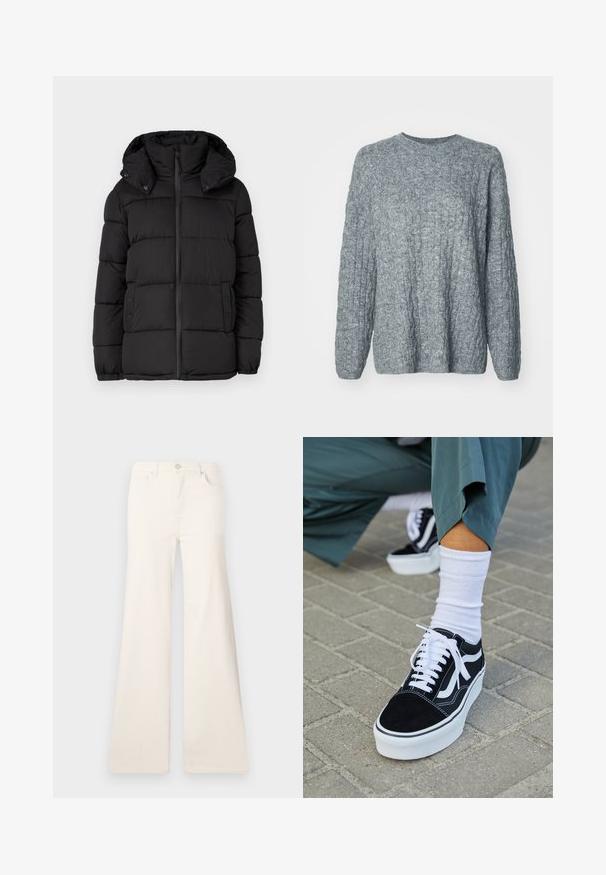 Schwarze Pufferjacke mit Kapuze, ausgestattet mit horizontal gesteppten Paneelen, einem Frontreißverschluss und Druckknopfdetails an den Seiten.; Grauer Strickpullover mit strukturiertem, geripptem Design. Rundhalsausschnitt und lange Ärmel. Hergestellt aus einem weichen, mittelschweren Material.; ONLY Wide-fit ONLMADISON High waist Wide Leg Fit - Wide Leg - ecru; Schwarze Wildledersneaker mit weißen Akzenten und Schnürsenkeln, ausgestattet mit einer dicken weißen Sohle und kontrastierenden Nähten, kombiniert mit einer weißen Socke.