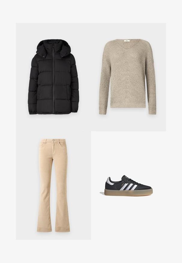 Chaqueta acolchada negra con capucha, con paneles acolchados horizontales, cierre frontal de cremallera y detalles de botones a presión en los laterales.; Suéter de punto beige claro con escote en V, mangas largas y un patrón texturizado con puños y dobladillo acanalados.; Pantalones acampanados de corduroy beige con un acabado texturizado, dos bolsillos delanteros, una cremallera y un detalle de botón en tono plateado.; Zapatilla deportiva de cuero negro con tres rayas plateadas, punta texturizada y suela de goma. Cuenta con un collar acolchado y un diseño con cordones.