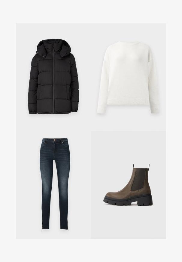 Schwarze Pufferjacke mit Kapuze, ausgestattet mit horizontal gesteppten Paneelen, einem Frontreißverschluss und Druckknopfdetails an den Seiten.; Weißer Rundhalspullover mit langen Ärmeln, gerippten Bündchen und Saum, der eine weiche, leicht flauschige Textur aufweist.; Schmale dunkelblaue Jeans aus Denim, mit Knopfverschluss, Vordertaschen und Reißverschlüssen an den Knöcheln. Glatte Textur mit leichtem Verblassen.; Braune Leder Chelsea-Stiefel mit schwarzer Gummisohle, elastischen Seiteneinsätzen und Ziehschlaufen für ein einfaches An- und Ausziehen. Robustes, strukturiertes Profil.