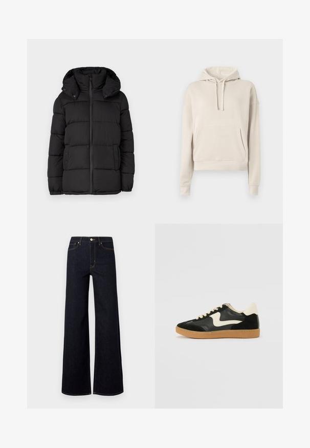 Veste puffer noire avec capuche, présentant des panneaux matelassés horizontaux, une fermeture éclair à l'avant et des accents à boutons-pression sur les côtés.; Sweat à capuche beige en matériau doux, avec une poche frontale, un cordon de serrage ajustable pour la capuche, et des poignets et un ourlet côtelés.; Jeans large en denim bleu foncé, avec une taille haute, des coutures contrastées et un unique bouton métallique à l'avant.; Baskets en daim et cuir noir avec un swoosh latéral crème et un talon crème clair. Dotées de lacets beige et d'une semelle en caoutchouc gomme.