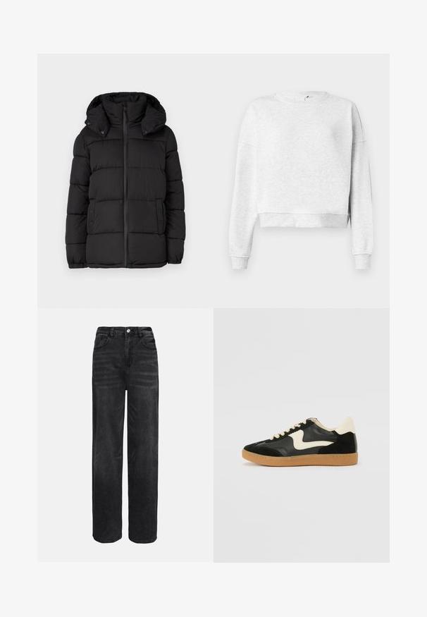 Chaqueta acolchada negra con capucha, con paneles acolchados horizontales, cierre frontal de cremallera y detalles de botones a presión en los laterales.; Sudadera de algodón gris con cuello redondo, hombros caídos y puños de canalé. Presenta un dobladillo corto y una tela suave y texturizada.; Pantalones vaqueros de mezclilla negra de pierna ancha con cintura alta, cinco bolsillos y cierre frontal de botón. Textura suave con un ligero efecto de desvanecimiento.; Zapatillas de deporte de ante y cuero negro con un swoosh lateral en crema y un talón en crema claro. Presenta cordones beige y una suela de goma marrón.