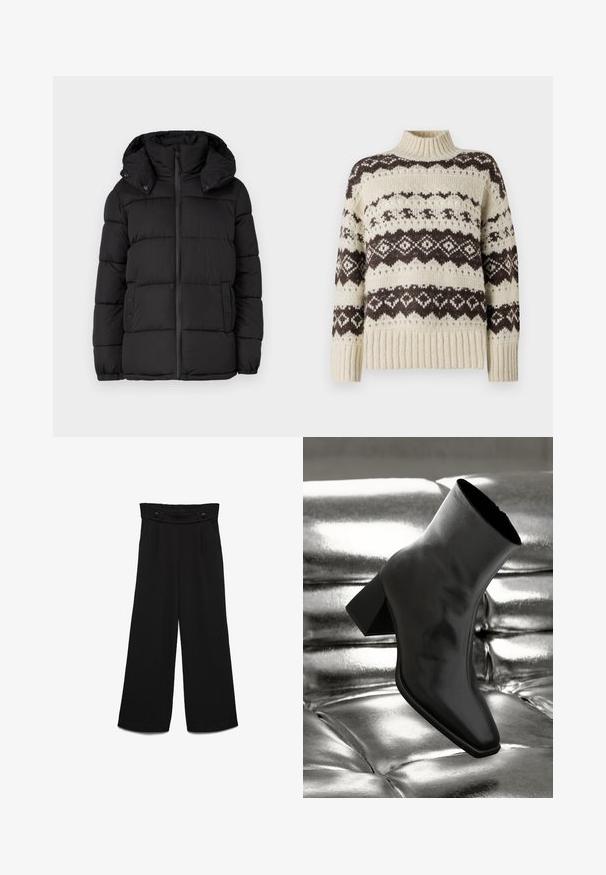 Mustan värvi puhvjakker koos kapuutsiga, horisontaalsete õmbluspaneelidega, ees asuva lukuga ja külgedel nööbiga kaunistustega.; Vero Moda Knitted VMAMPLE Knitted - Džemper - birch; Mustad laia säärega püksid kõrge vöökohaga, kahel ees nupul ja siledal pinnal. Sirge lõige esil voltidega.; Must musta narmand, läikiva materjali ja ruudukujulise varbaga ning kitseneva kontsaga, paigutatud läikiva hõbedaselt tuftitud tausta ette.