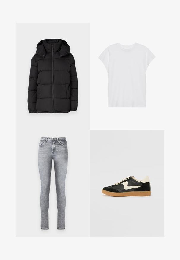 Chaqueta acolchada negra con capucha, con paneles acolchados horizontales, cierre frontal de cremallera y detalles de botones a presión en los laterales.; Camiseta blanca de manga corta con cuello redondo, corte relajado, hecha de suave tela de algodón. Textura lisa, sin estampados ni logotipos.; Jeans skinny de mezclilla gris con cintura alta, cinco bolsillos y un ligero desgaste en todo su diseño. Presenta un cierre de cremallera y botón.; Zapatillas de deporte de ante y cuero negro con un swoosh lateral en crema y un talón en crema claro. Presenta cordones beige y una suela de goma marrón.
