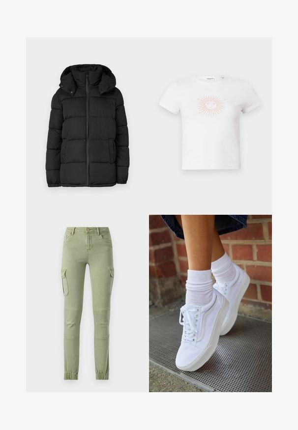 Schwarze Pufferjacke mit Kapuze, ausgestattet mit horizontal gesteppten Paneelen, einem Frontreißverschluss und Druckknopfdetails an den Seiten.; Weißes Baumwoll-T-Shirt mit kurzen Ärmeln, mit einem rosa Sonnenmotiv in der Mitte, das Strahlen und ein Gesicht zeigt. Glatte Textur, lässige Passform.; Cargo-Hosen aus hellgrünem Stoff mit enganliegendem Design, zwei Seitentaschen und elastischen Bündchen an den Knöcheln für einen schmalen Look.; Weiße Leinensneaker mit Gummisohlen, ausgestattet mit sechs Ösen, runder Zehenpartie und dezenten Nähten, kombiniert mit weißen Knöchelsocken.