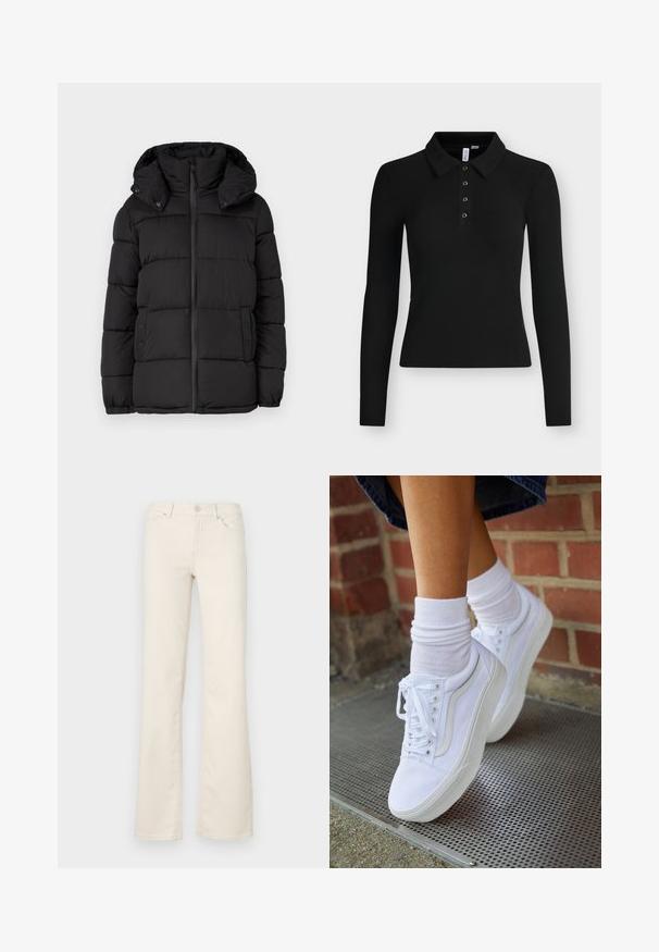 Schwarze Pufferjacke mit Kapuze, ausgestattet mit horizontal gesteppten Paneelen, einem Frontreißverschluss und Druckknopfdetails an den Seiten.; Schwarzes langärmeliges, geripptes Poloshirt mit Kragen und vier Knöpfen an der vorderen Knopfleiste.; Beige Schlaghosen aus Baumwollmischung, mit klassischen Taschen, einem vorderen Knopfverschluss und Nahtdetails entlang der Nähte.; Weiße Leinensneaker mit Gummisohlen, ausgestattet mit sechs Ösen, runder Zehenpartie und dezenten Nähten, kombiniert mit weißen Knöchelsocken.