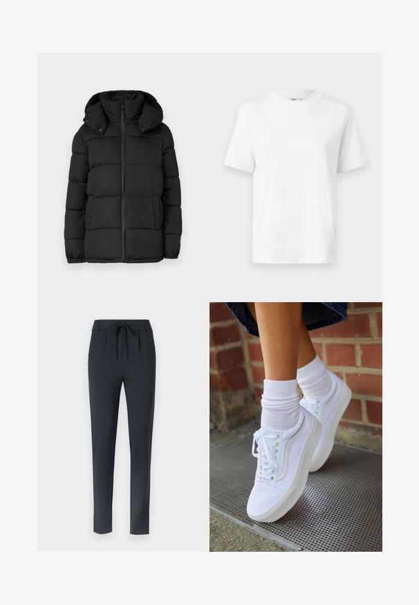 Veste puffer noire avec capuche, présentant des panneaux matelassés horizontaux, une fermeture éclair à l'avant et des accents à boutons-pression sur les côtés.; T-shirt en coton blanc à col rond, avec des manches courtes et une texture lisse. Conçu avec une coupe décontractée pour plus de confort et de polyvalence.; Pantalons slim-fit bleu foncé avec taille à cordon, fabriqués dans un tissu doux et extensible, avec un devant plat et une jambe fuselée.; Baskets en toile blanches avec semelles en caoutchouc, dotées de six œillets, d'un bout rond et de détails de couture légers, portées avec des chaussettes blanches mi-mollet.