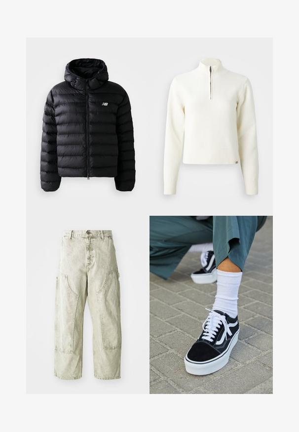 Sort puff jakke med hætte, med quiltet tekstur, lynlås lukning og reflekterende logo. Glat, letvægts materiale.; Hvid, sweater med lynlås ved halsen og lange ærmer. Lavet af et blødt strikmateriale, med ribbede manchetter og kant. Diskret mærke-logo ved kanten.; Lys grønne capribukser i cargo-stil lavet af denim, med store sidelommer, knap- og lynlåslukning samt synlige syninger.; Sorte ruskinds sneakers med hvide accenter og snørebånd, der har en tyk hvid sål og kontrasterende syninger, parret med en hvid sok.