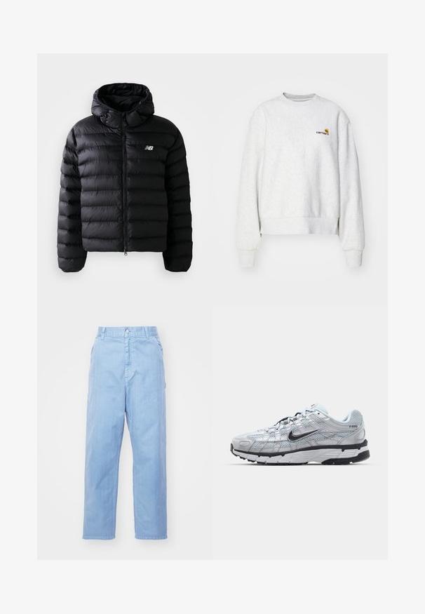 Sort puff jakke med hætte, med quiltet tekstur, lynlås lukning og reflekterende logo. Glat, letvægts materiale.; Grå crew-neck sweatshirt i et blødt stof med ribbede manchetter og kant; har broderet logo på brystet i gul og mørkerød.; Lyseblå denimbukser med lige ben-design, knaplukning og forlommer. Stof har en subtil tekstur med en glat finish.; Nike P-6000 sneakers med en lys grå mesh overdel, sorte accenter og en holdbar sort gummisål. Har et detaljeret design og snøresystem.