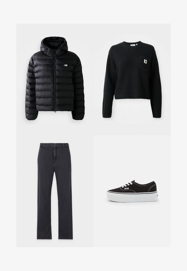 Sort puff jakke med hætte, med quiltet tekstur, lynlås lukning og reflekterende logo. Glat, letvægts materiale.; Sort ribbenstrikket sweater med rund hals, lange ærmer og en frontlomme med et lille logo patch. Forkortet længde.; Straight-leg sorte jeans med forreste knap- og lynlåslukning, bæltestropper og klassisk fem-lommer design, lagt fladt på hvid baggrund.; Sort lærred sneakers med en hvid gummi platform sål, der har hvide snørebånd og syninger, ikonisk branding på siden, lav-top design.