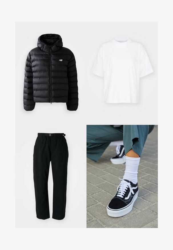 Sort puff jakke med hætte, med quiltet tekstur, lynlås lukning og reflekterende logo. Glat, letvægts materiale.; Hvid bomulds t-shirt med rund hals, korte ærmer og en afslappet pasform. Har et diskret logo på venstre brystområde. Glat tekstur.; Sorte letvægtsbukser med elastisk talje og justerbart bælte. Har tapered ben og forstærkede knæpaneler for holdbarhed.; Sorte ruskinds sneakers med hvide accenter og snørebånd, der har en tyk hvid sål og kontrasterende syninger, parret med en hvid sok.