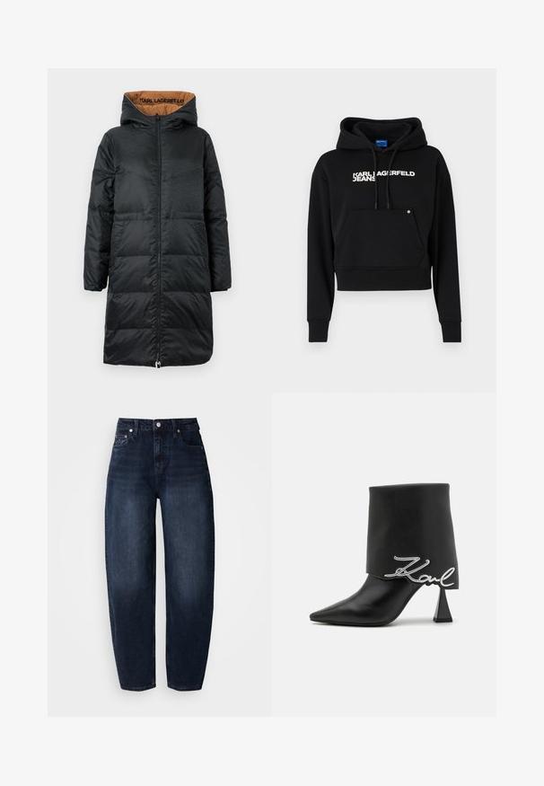 Sort polstret jakke med hætte, udstyret med lynlås foran, struktureret stof og beige foring med "KARL LAGERFELD" branding indeni.; Sort cropped hoodie lavet af blød stof, med en fronlomme, snor i hætten og hvid tekstlogo "KARL LAGERFELD JEANS."; Mørkeblå denimjeans med løs pasform, med høj talje, lige ben og klassisk fem-lomme design.; Sort læderankelstøvle med spids tå, høj blokhælsås og en foldet overdel med et sølvfarvet "Zaul" logo.