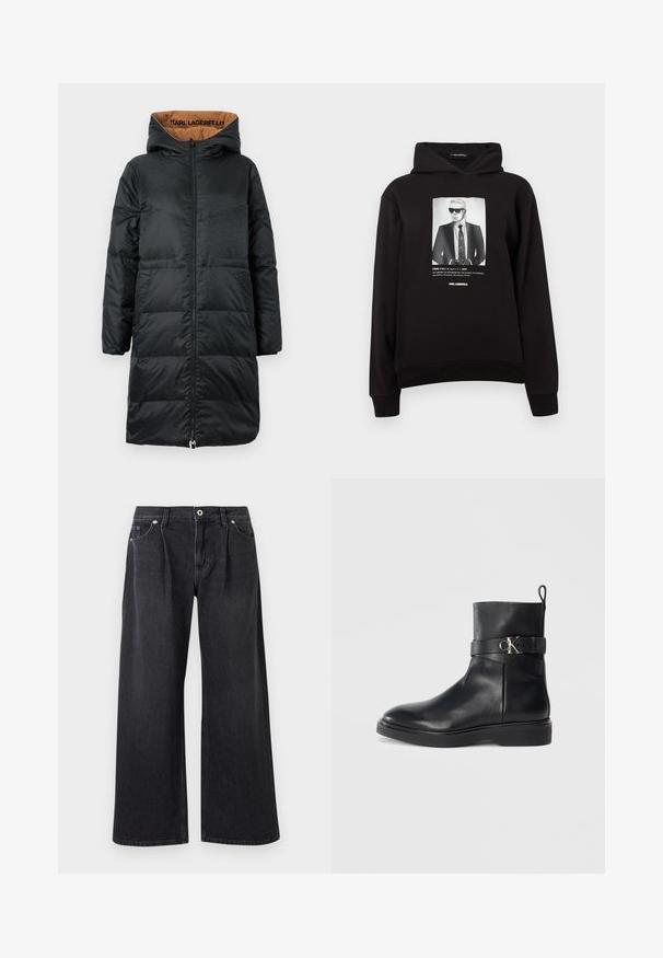 Sort polstret jakke med hætte, udstyret med lynlås foran, struktureret stof og beige foring med "KARL LAGERFELD" branding indeni.; Sort hættetrøje med et frontprint af en figur i solbriller, iført jakkesæt og slips. Ribbet manchetter og forneden giver et tætsiddende udtryk.; Bredde ben sorte jeans lavet af denim, med knaplukning foran, to frontlommer og en ren finish uden pynt.; Sort læder ankelstøvle med flad sål, der har en sidelås og detalje med sølvfarvet CK-logo. Glat overflade og strømlinet design.