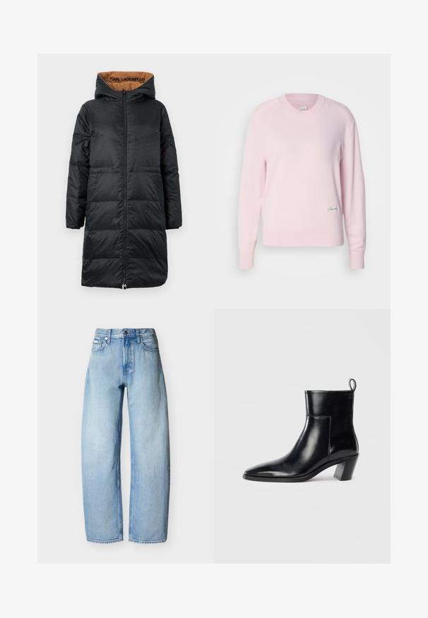 Sort polstret jakke med hætte, udstyret med lynlås foran, struktureret stof og beige foring med "KARL LAGERFELD" branding indeni.; Lyserød sweater lavet af blødt strikstof. Har en rund hals og lange ærmer, med et lille grønt logo nederst til venstre.; Lyseblå straight-leg denim jeans med fem lommer, bæltestropper og lukning med knap foran.; Sort læder ankelstøvle med spids tå, geometrisk stablet hæl og en løftestrop bagpå. Glat tekstur og slankt design.