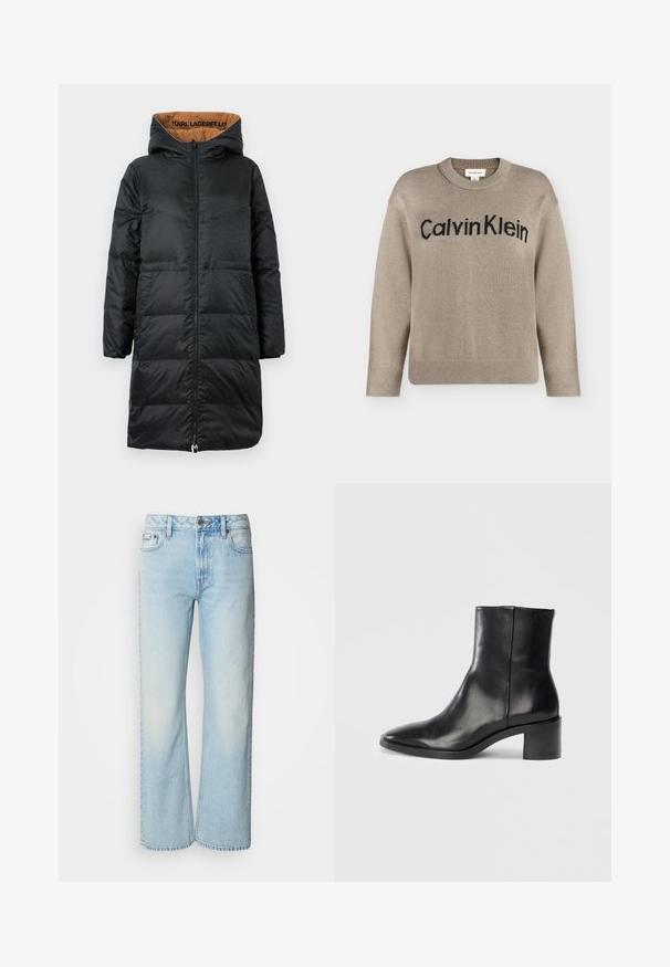 Abrigo acolchado negro con capucha, que cuenta con un cierre de cremallera frontal, tejido texturizado y forro en tono beige con la marca "KARL LAGERFELD" en el interior.; Jersey de punto beige de manga larga con puños y bajo acanalados, con el logo "Calvin Klein" en negro en el pecho.; Vaqueros de pierna ancha azul claro confeccionados en denim, con un diseño clásico de cinco bolsillos y una sutil textura deslavada. La costura del denim es visible.; Botín de cuero negro hasta el tobillo con punta afilada, tacón bajo y bloque, y sutil logotipo embosado. Textura suave con un diseño elegante y costuras mínimas.