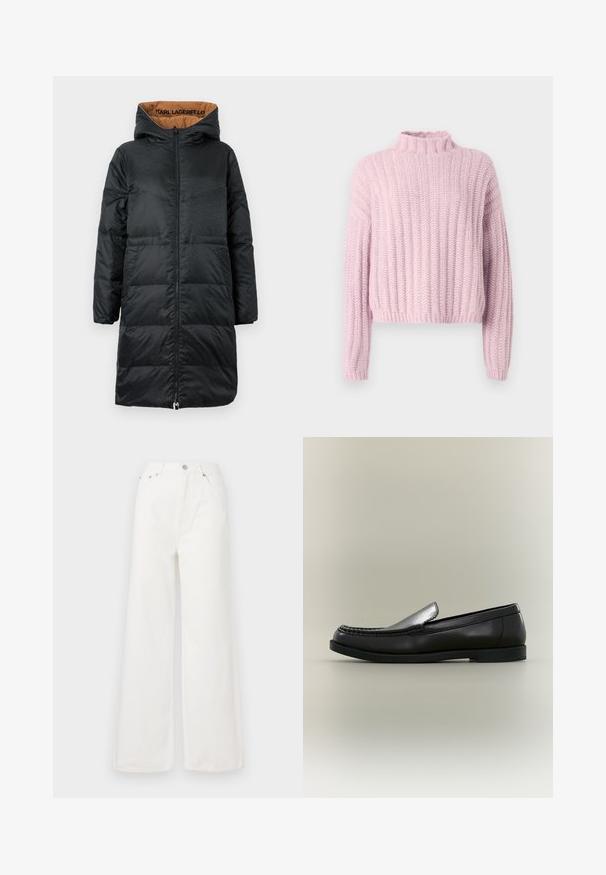 Sort polstret jakke med hætte, udstyret med lynlås foran, struktureret stof og beige foring med "KARL LAGERFELD" branding indeni.; Lys pink strikket trøje med ribbet struktur, høj hals og lange ærmer. Designet har en cropped længde og løs pasform.; Hvide højtaljede brede jeans lavet af denim. Har frontlommer, knaplukning og afrivede kantdetaljer.; Sort læder loafer med moc toe-syning, lav hæl og slip-on design mod en neutral baggrund.