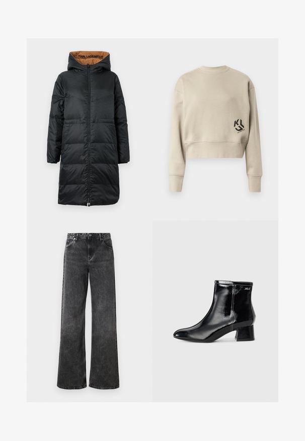 Sort polstret jakke med hætte, udstyret med lynlås foran, struktureret stof og beige foring med "KARL LAGERFELD" branding indeni.; Afkortet sweatshirt i lys beige stof. Har lange ærmer, rund halsudskæring, og et sort logo trykt på nederste venstre side.; Bredde ben sorte denimjeans med en falmet struktur, fem lommer og knaplukning. Har kontraststikning og en klassisk talje.; KARL LAGERFELD BONNIE - Støvletter - black