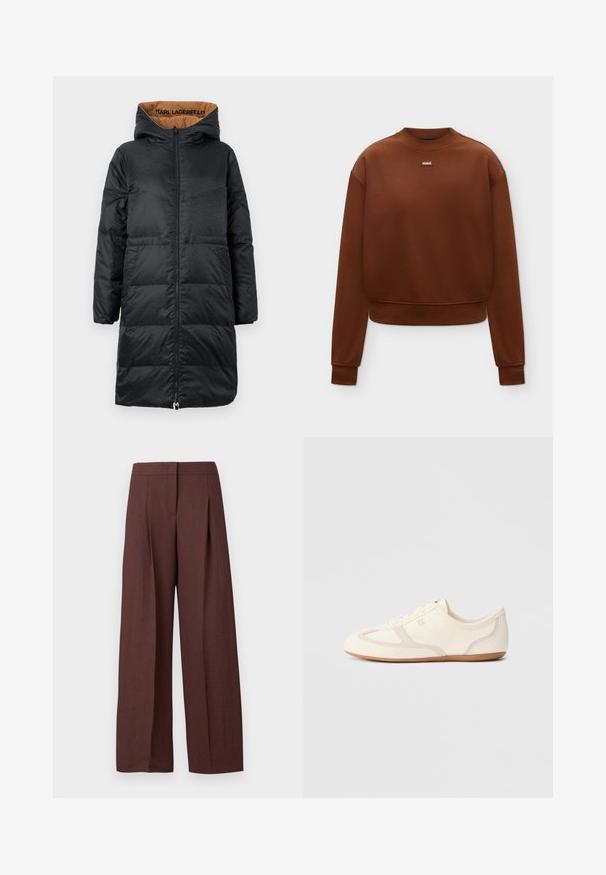 Sort polstret jakke med hætte, udstyret med lynlås foran, struktureret stof og beige foring med "KARL LAGERFELD" branding indeni.; Brun langærmet crewneck-sweatshirt med ribkant ved ærmer og kant, med lille "HUGO" logo-patch midt på brystet.; Brune bukser med høj talje og brede ben, forsynet med forreste læg og skjult lukning foran, vist på ensartet hvid baggrund.; Sneakers i cremefarve med overdel i ruskind og stof, rundet tå og gummisål med beige detaljer. Snørelukning.