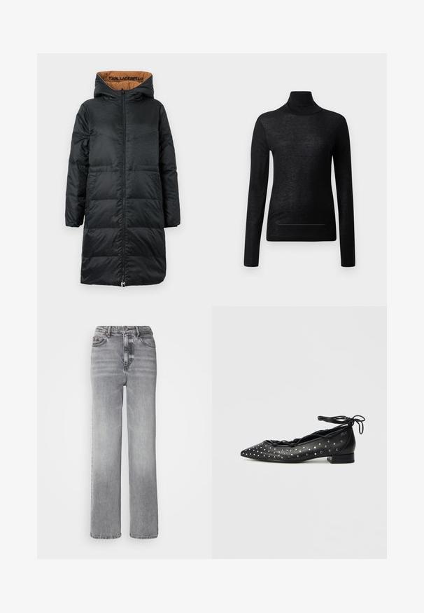 Sort polstret jakke med hætte, udstyret med lynlås foran, struktureret stof og beige foring med "KARL LAGERFELD" branding indeni.; Sort langærmet turtle neck top lavet af letvægtsstof, med en tætsiddende design og minimale sømdetaljer, velegnet til lagdeling.; Grå højtaljede jeans med lige ben, lys slid og klassisk fem-lomme design med metalknaplukning.; Sorte balletflade sko i læder med spids tå, snøredesign og sølvnitte-accenter langs siderne. Lav blokhæl.