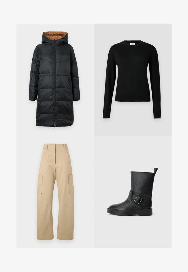 Schwarze gepolsterte Jacke mit Kapuze, ausgestattet mit einem durchgehenden Reißverschluss, strukturiertem Stoff und beiger Innenauskleidung mit "KARL LAGERFELD" Branding.; Schwarzer Strickpullover mit Rundhalsausschnitt, langen Ärmeln und einer schlanken Passform. Er verfügt über eine glatte Textur und minimale Details.; Beige Cargo-Shorts aus Baumwolle, mit hoher Taille, weitem Bein, zwei Seitentaschen und zwei großen Cargo-Taschen auf den Oberschenkeln.; Schwarze Lederstiefelette mit runder Zehenform, flacher Sohle und einem silbernen Schnallenakzent an der Seite. Verfügt über eine Zuglasche an der Rückseite.