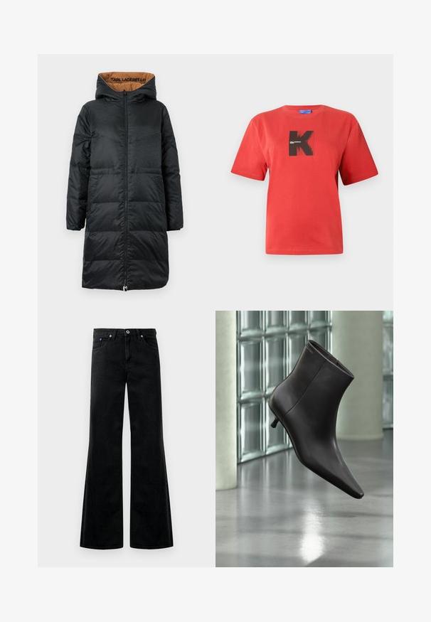 Abrigo acolchado negro con capucha, que cuenta con un cierre de cremallera frontal, tejido texturizado y forro en tono beige con la marca "KARL LAGERFELD" en el interior.; Camiseta de algodón roja con un diseño gráfico negro de la letra 'K' y rayas en un parche cuadrado. Mangas cortas y cuello redondo.; Vaqueros de mezclilla negra acampanados con cintura alta, diseño de cinco bolsillos y detalles de costura visibles. Textura suave con un ligero brillo.; Bota de cuero negro para el tobillo con puntera puntiaguda y tacón pequeño, exhibida frente a una pared de bloques de vidrio y un suelo pulido.