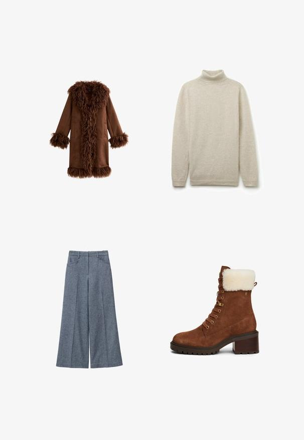 Manteau en fausse fourrure marron avec un col et des poignets duveteux, présentant un corps en tissu lisse et uni, ainsi que des poches latérales, conçu dans un style mi-long.; Pull à col roulé beige clair en tissu doux et texturé. Il a des manches longues et un col ajusté.; Pantalons larges en laine grise avec une texture lisse, dotés d'une taille haute, de deux poches latérales et de pinces discrètes.; Bottine en daim marron avec revers en fourrure, œillets dorés, lacets épais et talon large. Caractérisée par une semelle texturée pour une meilleure adhérence.