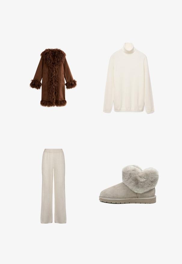 Manteau en fausse fourrure marron avec un col et des poignets duveteux, présentant un corps en tissu lisse et uni, ainsi que des poches latérales, conçu dans un style mi-long.; Pull encolure roulée de couleur crème, fabriqué en tissu tricoté doux. Il présente des manches longues et un col côtelé. Design simple et sans ornements.; Pantalons à jambe large en tissu beige clair et doux. Présentent une texture lisse avec une taille élastique et un design simple, sans embellissements.; Bottines en peau de mouton beige avec un col en fourrure doux et duveteux, finition en daim lisse, bout rond et semelle en caoutchouc texturé durable.