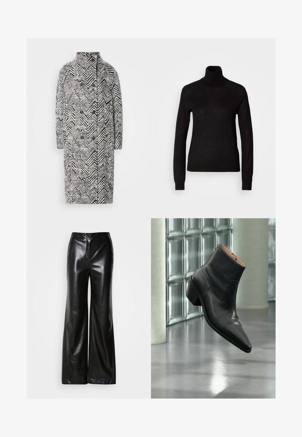 Manteau noir et blanc à motif en chevron avec un col haut, à double boutonnage à l'avant et deux grands boutons noirs. Design structuré.; Pull à col roulé noir en tissu tricot léger. Avec des manches longues et une silhouette ajustée dotée de coutures raglan.; Pantalons larges en cuir noir avec une texture lisse, taille haute et fermeture éclair frontale dissimulée. Coupe ajustée avec une finition soignée.; Bottine en cuir noir avec un bout pointu et un talon carré lévitant au-dessus d'un sol gris réfléchissant près d'un mur en blocs de verre.