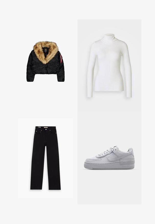 Veste noire coupée avec un grand col en fausse fourrure beige, dotée de boutons sur le devant, de poches latérales et d'une étiquette rouge sur la manche.; Pull en maille côtelée blanche avec col roulé et manches longues, présentant un design ajusté et une texture douce. Col plat et look sans couture.; Jean en denim noir avec une coupe droite, cinq poches, matériel en cuivre et texture lisse. Deux étiquettes visibles sur la taille.; Basket en cuir lisse gris Nike Air Force 1 avec un bout perforé, une semelle épaisse et un détail 'AIR' en relief sur le talon.