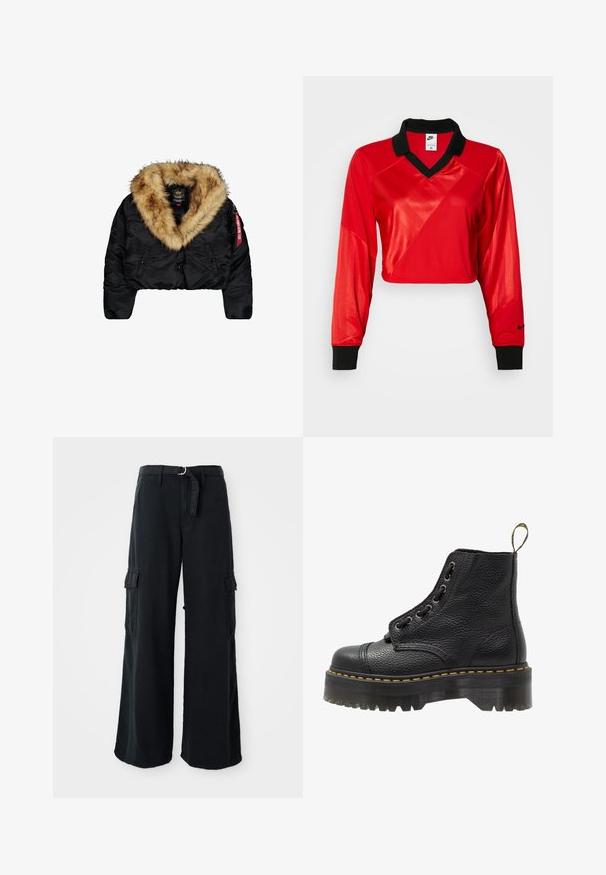 Afskåret sort jakke med en stor tan-farvet faux fur-krave, med frontknapper, sidelommer og et rødt logo mærke på ærmet.; Rød crop sports top med sort krave, lange ærmer, der har et struktureret mønster og Nike-logo på ærmet. Glat og skinnende stof.; Sorte bredbenede cargo-bukser lavet af bomuld med et bånd, der kan bindes, og som har to sidelommer samt en glat stofstruktur.; Sorte læder ankelstøvler med tekstureret overflade, rund tå, snørebåndsdesign, gule stikninger og en tyk, rillet sort platformsål.
