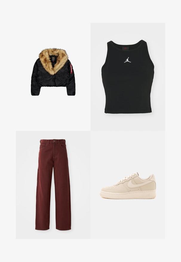 Afskåret sort jakke med en stor tan-farvet faux fur-krave, med frontknapper, sidelommer og et rødt logo mærke på ærmet.; Sort tætsiddende tanktop lavet af bomuld, med rund udskæring og et hvidt Jordan-logo syet på fronten i midten. Glat tekstur.; Mørkerøde vidde bukser lavet af bomuld med en glat tekstur, der har en frontknaplukning, bæltestropper og flere lommer.; Lavtop beige Nike Air Force 1 sneaker med snørelukning og perforeringer på tåboksen mod en ensfarvet baggrund.