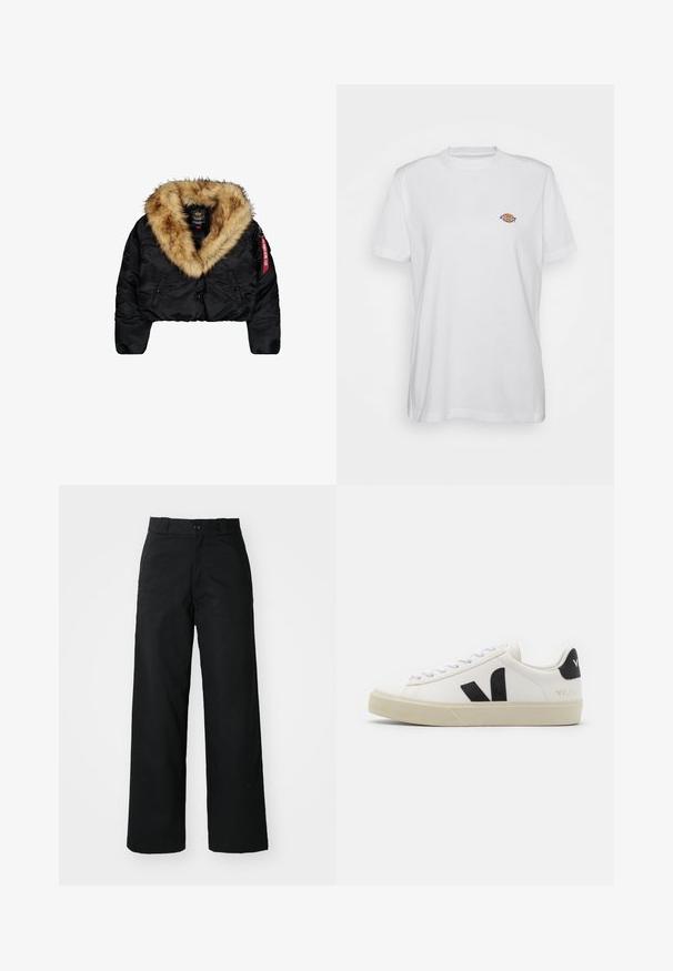 Afskåret sort jakke med en stor tan-farvet faux fur-krave, med frontknapper, sidelommer og et rødt logo mærke på ærmet.; Hvid bomulds t-shirt med rund hals og korte ærmer, med et lille, farverigt "Diesel" logo broderet på brystet.; Sorte vide bukser med flad front, knaplukning og bæltestropper. Fremstillet af holdbart stof med en glat tekstur.; Hvide lædersneakers med sort gummiv V-logo. Tekstureret off-white sål, hvide snørebånd og bagside med brandnavn i sort.