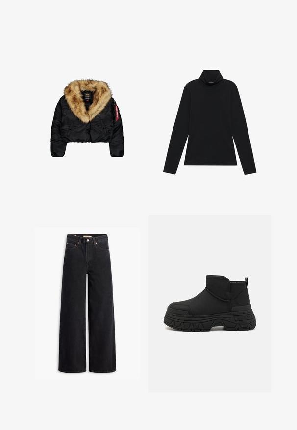 Gekürzte schwarze Jacke mit einem großen, tanfarbenen Kunstpelzkragen, vorn mit Knöpfen, seitlichen Taschen und einem roten Logo-Tag am Ärmel.; Schwarzes langärmeliges Rollkragenshirt. Weicher Stoff, enganliegendes Design, hoher Kragen und seitliche Nähte. Schlichter und vielseitiger Stil, der sich gut für das Layering eignet.; Schwarze weite Jeans aus Denim mit fünf Taschen, Kupferrivets und einem klassischen Knopfverschluss. Glatte Textur mit einem klaren Design.; Schwarze Knöchelschuhe aus synthetischem Material mit einem gepolsterten Kragen, dicker strukturierter Sohle und minimaler Markenbeschriftung an der Seite.