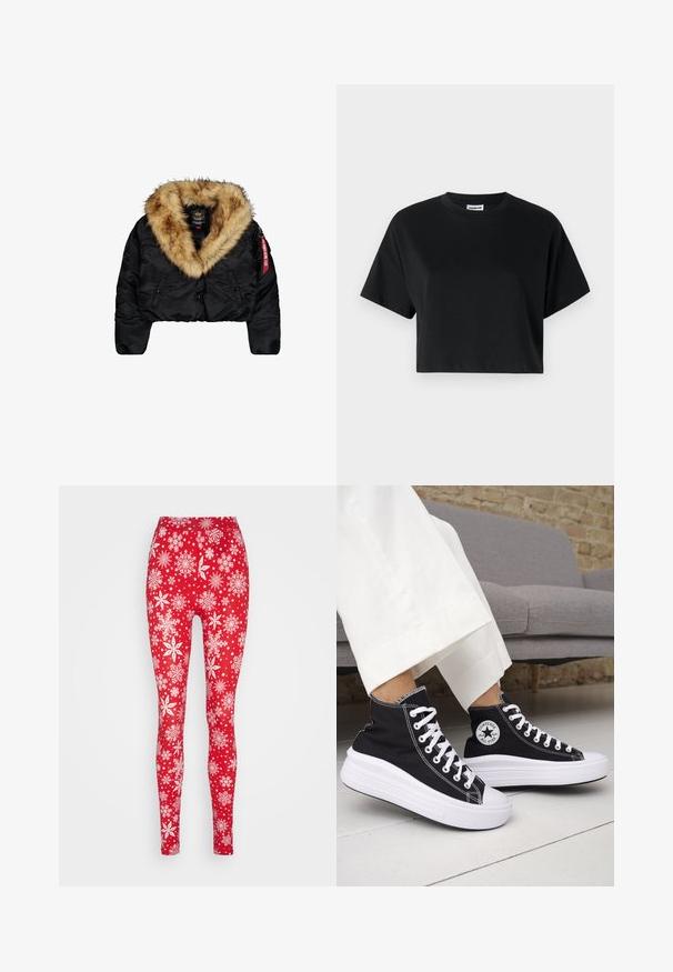 Gekürzte schwarze Jacke mit einem großen, tanfarbenen Kunstpelzkragen, vorn mit Knöpfen, seitlichen Taschen und einem roten Logo-Tag am Ärmel.; Schwarzes cropped T-Shirt mit kurzen Ärmeln, Rundhalsausschnitt, aus glattem Baumwollstoff, mit minimalistischem Design und dezenten Steppdetails.; ONLY ONLXMAS ELFI - Leggings - Hosen - urban red; Schwarze High-Top-Sneaker mit weißen Gummisohlen und Schnürsenkeln. Verfügt über ein rundes Logo-Patch und kontrastierende weiße Nähte. Aus Canvas-Material.