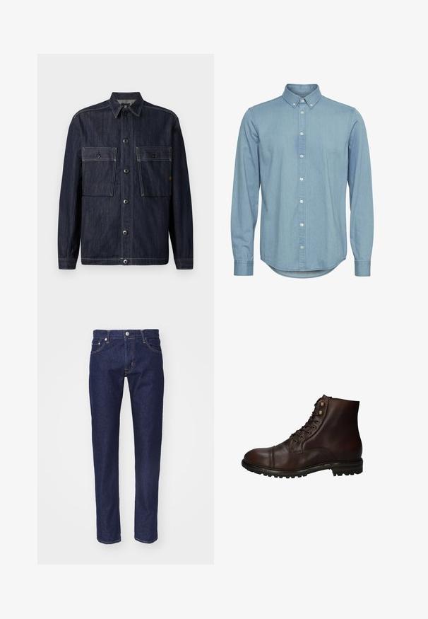 Mørkeblå denimjakke med lange ærmer, krave, knaplukning foran og to store klaplommer med knapper på brystet.; Lyseblå denimskjorte med knap-ned krave, lange ærmer og buet kant. Har forkant med hvide knapper.; Mørkeblå denim jeans med lige pasform, fem-lomme design, kontrasterende orange syninger og en sølvknaplukning i taljen.; Mørkebrun læder snørebånd ankelstøvle med robuste gummisål og metaløjer, set fra den ydre side.