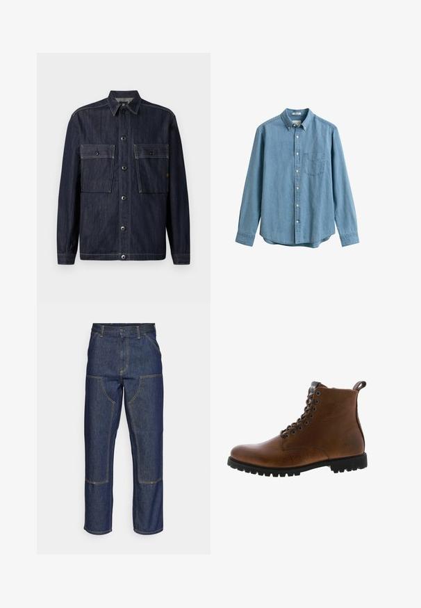Mørkeblå denimjakke med lange ærmer, krave, knaplukning foran og to store klaplommer med knapper på brystet.; Lyseblå denimskjorte med lange ærmer, knapper foran, brystlomme, knappet krave og hvide knapper.; Mørkeblå denim jeans med høj talje, lige ben-design, kontrastsyninger og lappelommer foran.; Brune læder ankelstøvler med tekstureret overflade, metaløjer og sort gummisål. Har en træktab bagpå for nem påtagning.
