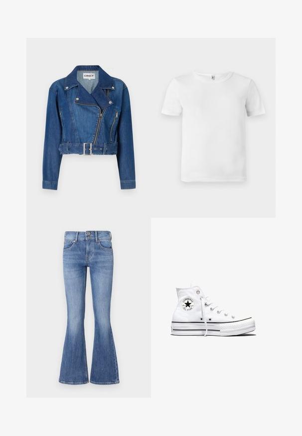 Afskåret denimjakke i mellemblå med bæltestrop, asymmetrisk lynlås og en krave med klapper samt sølvfarvede metaldele.; Hvid kortærmet t-shirt med ribbet tekstur. Klassisk crew neckline, ingen synlige logoer eller mønstre, og et simpelt, rent design.; Bredde blå denimjeans med mellem høj talje, fem lommer og en lys vask. Har subtil falming og kontrasterende syninger.; Hvid højtop Converse Chuck Taylor All Star-sneaker med sort logo-patch og hvide snørebånd, vist på hvid baggrund.