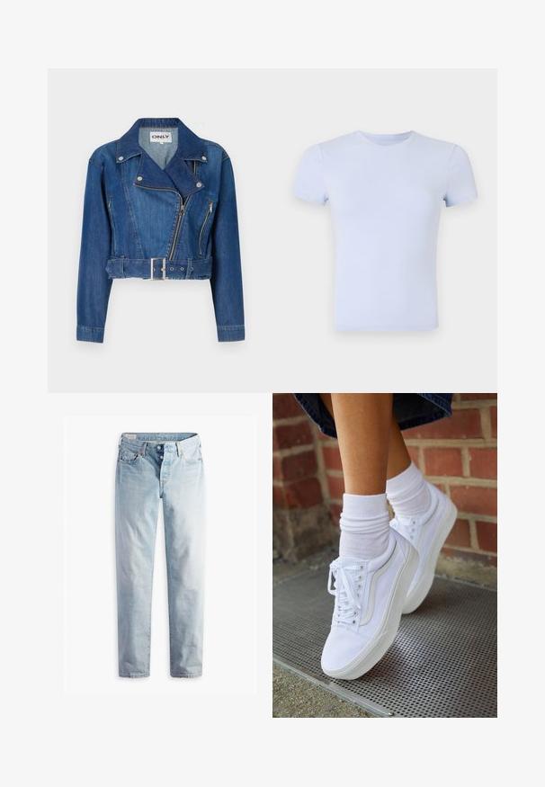 Afskåret denimjakke i mellemblå med bæltestrop, asymmetrisk lynlås og en krave med klapper samt sølvfarvede metaldele.; Good American SUPER STRETCH BABY TEE - T-shirts basic - periwinkle; Lyseblå denimjeans med lige ben, fem lommer og metal-knapper i en standard livvidde.; Hvide lærreds sneakers med gummisåler, der har seks snørehuller, rund tå og let sømdetaljer, krydret med hvide ankelstrømper.