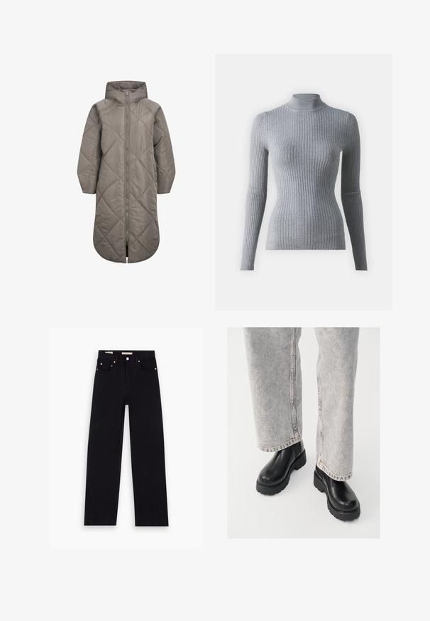 Abrigo acolchado largo y gris con cierre de cremallera, patrón de rombos y capucha. Presenta una textura suave y bolsillos en las costuras laterales.; Suéter de cuello alto gris con canalé de mangas largas, hecho de tela de punto. Presenta un diseño ajustado y un cuello alto para mayor calidez.; Jeans de mezclilla negros con corte recto, cinco bolsillos, herrajes de cobre y una textura suave. Dos etiquetas visibles en la cinturilla.; Vagabond COSMO - Botines con plataforma - black